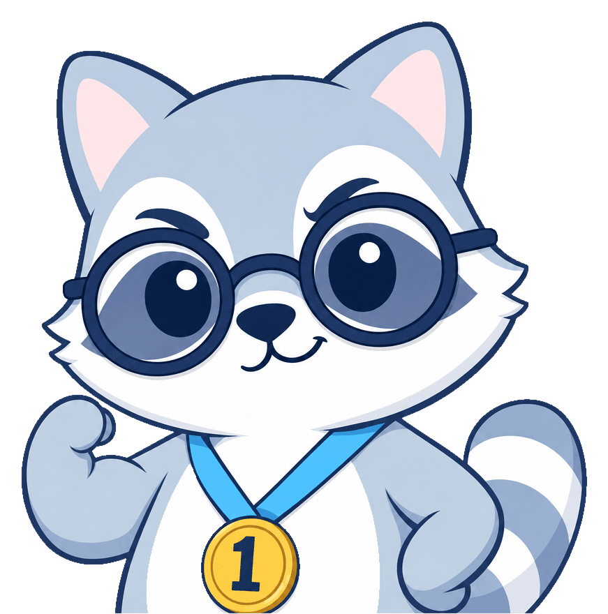 SEOExpert raccoon mascot flexing with a number one medal - digital marketing agency in Singapore