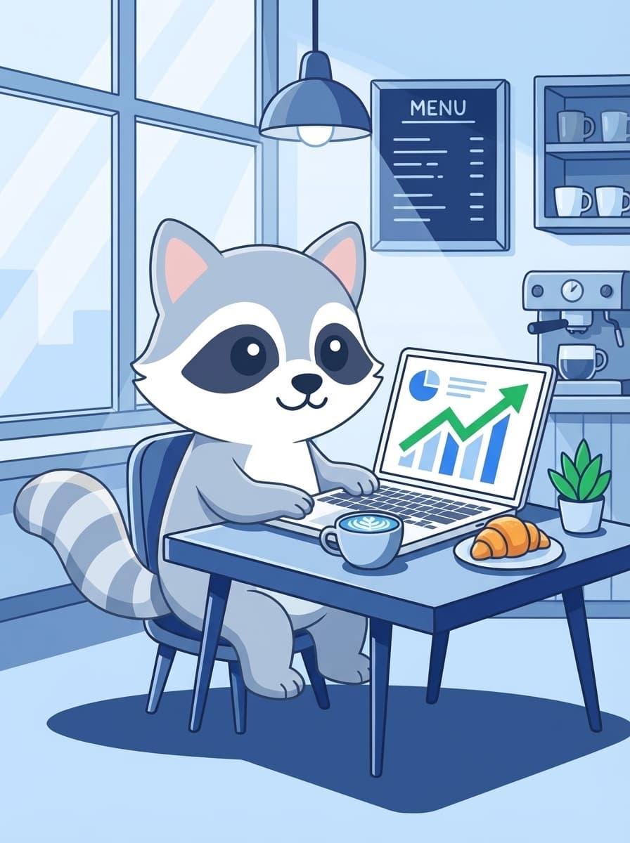 SEOExpert mascot working on digital marketing analytics in a cafe